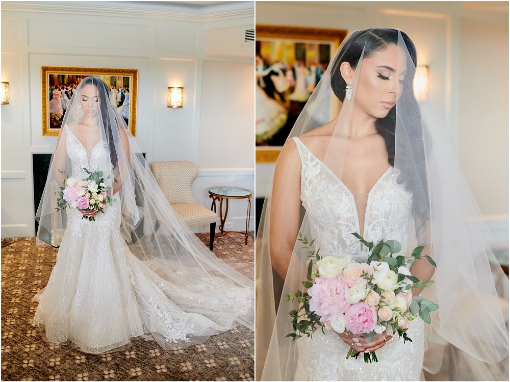 Elegant bridal portraits showing detailed lace wedding gown with cathedral length veil.