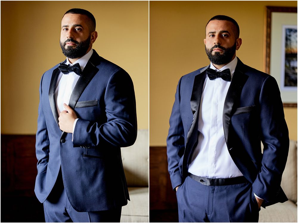 Split image showing formal portraits of a man in a navy tuxedo with bow tie.