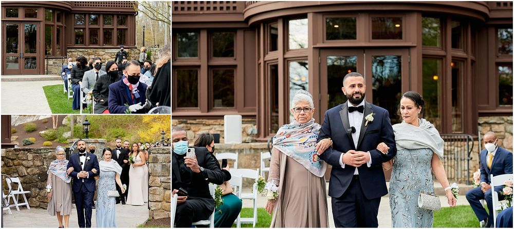 Collage of wedding party members walking outside historic stone building.