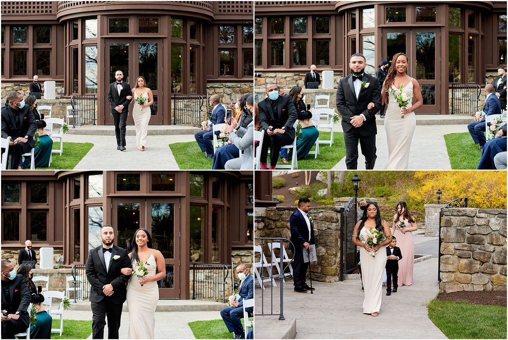 Collage of wedding ceremony moments at elegant stone venue with outdoor setting.