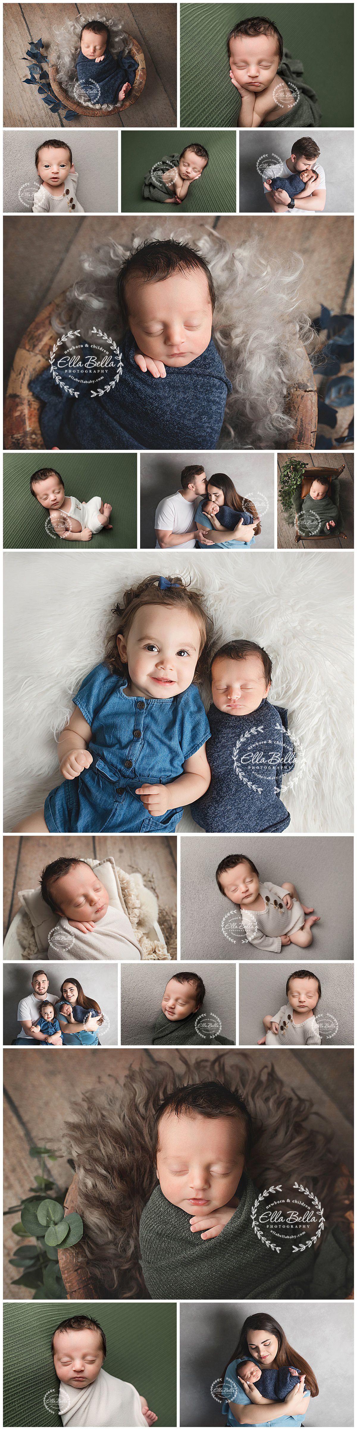 Professional newborn and family photography collection featuring navy and green tones with natural props.
