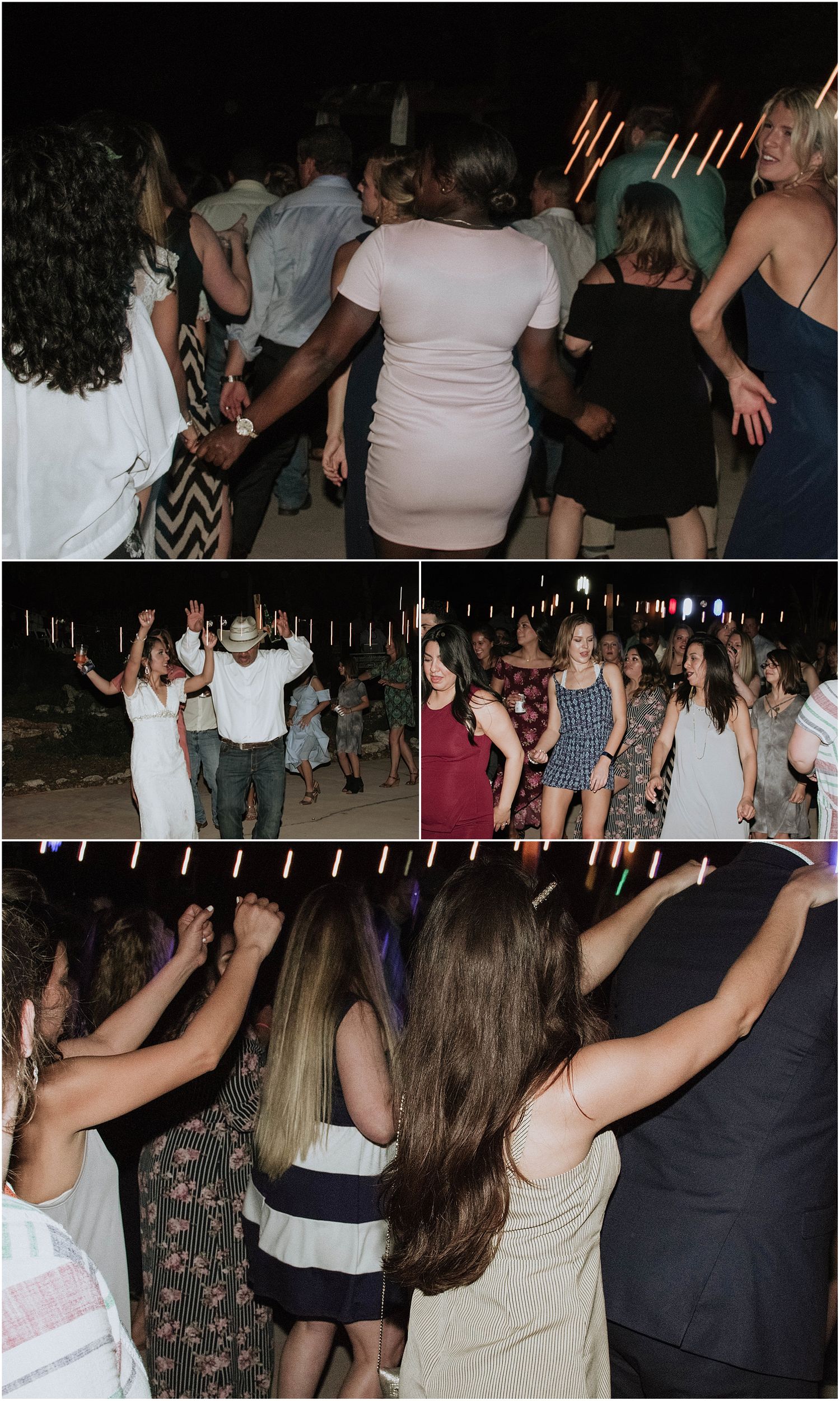Collage of wedding reception dance floor moments showing guests celebrating.