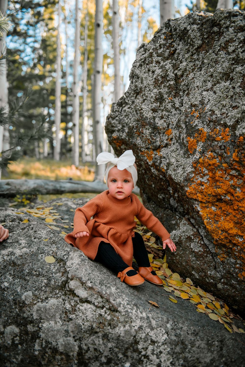 Small child in rust-colored outfit rests on large boulder surrounded by autumn aspen trees.