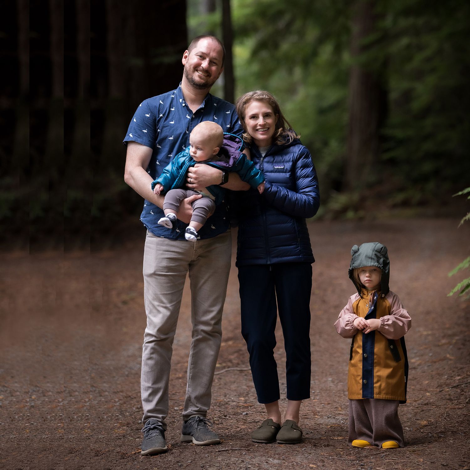 Family photo in the Mendocino redwoods on a foggy day in November. J.Perlman Photography previous wedding couple and now with their 2 kids.