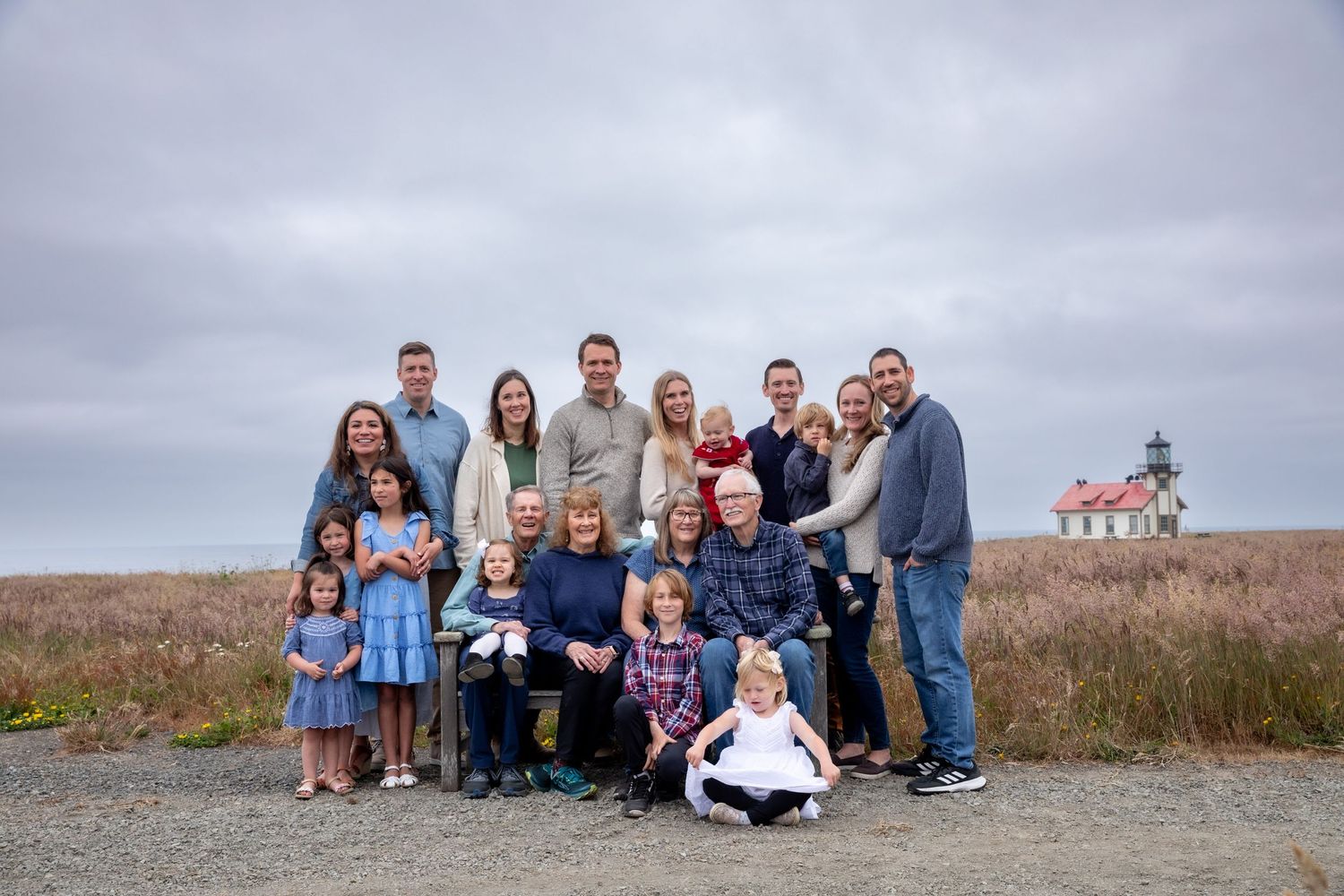Pt. Cabrillo Lighthouse Mendocino family portrait celebrating the mom's 70th birthday with all of her kids, grandkids, spouses, sisters.