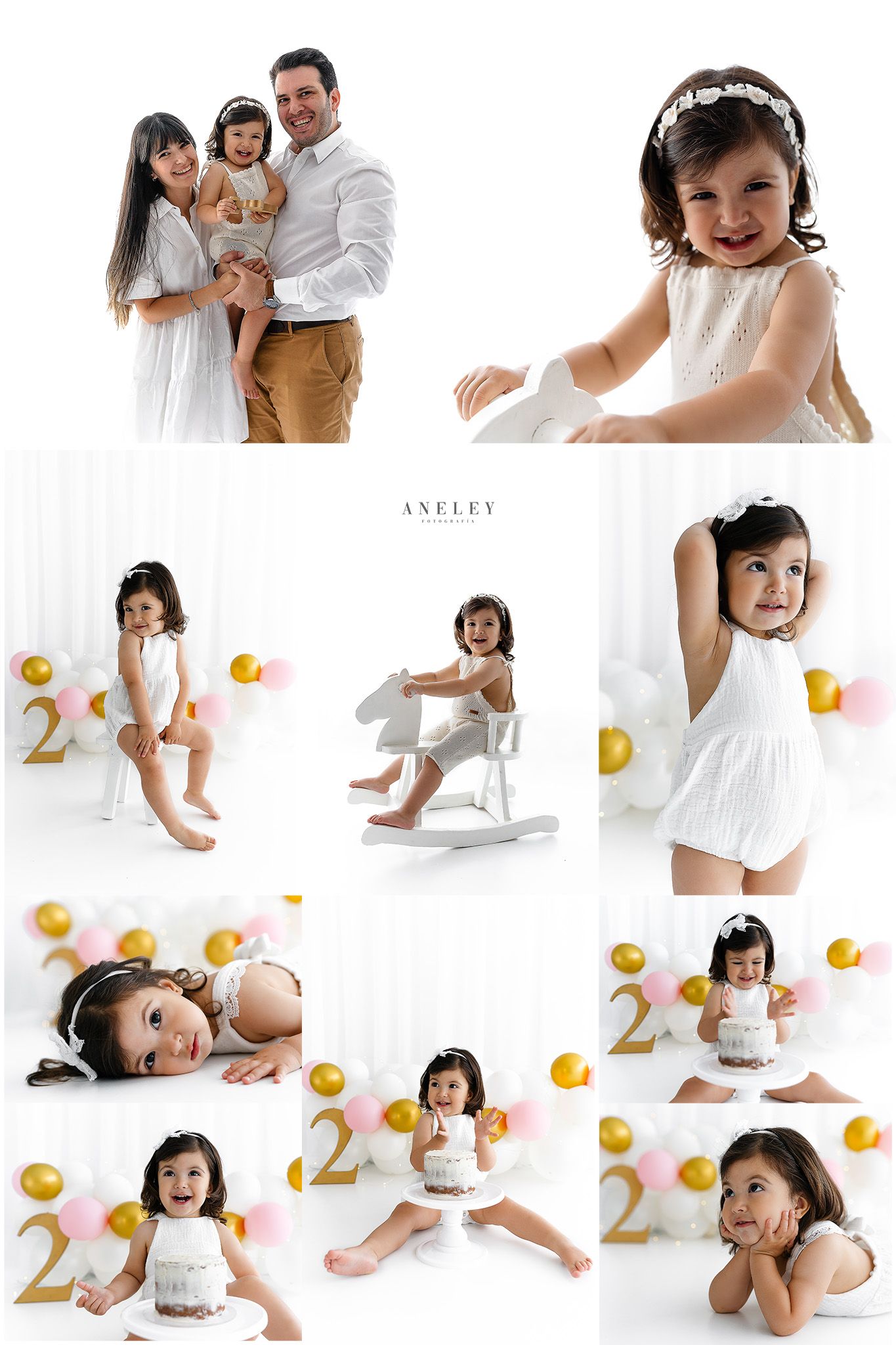 Studio portrait collage with yellow citrus props and white outfits.