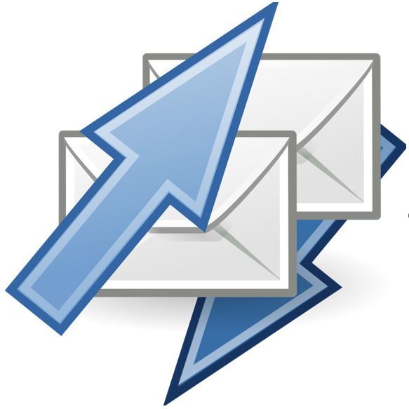 Blue and white envelope icons with arrows arranged in a flowing diagonal pattern.