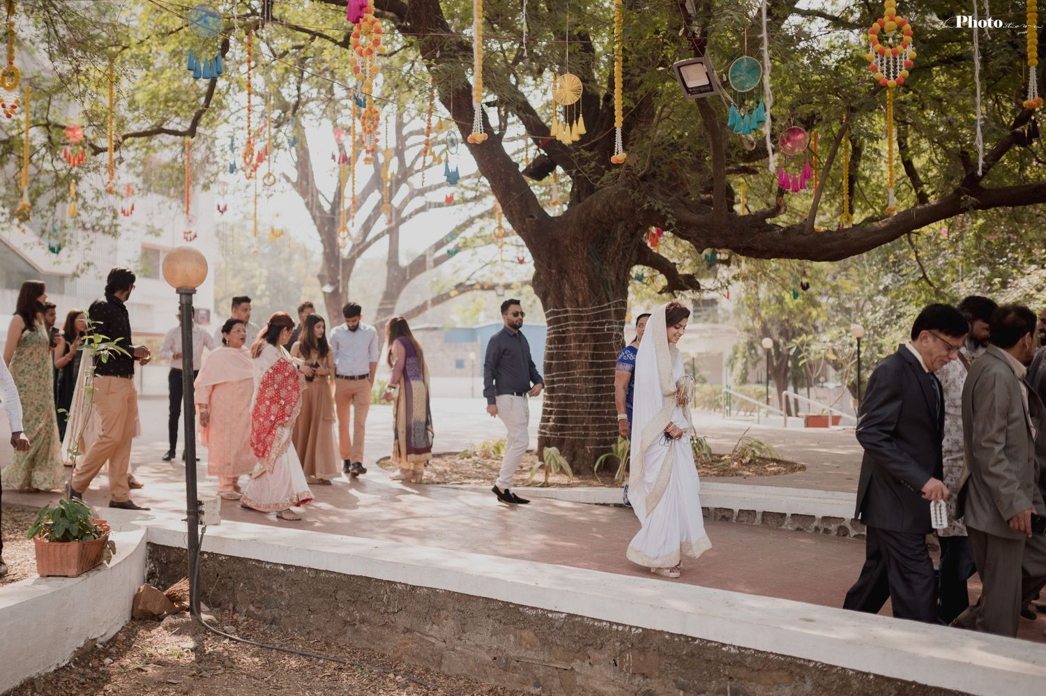 Wedding guests gather under trees in an outdoor garden setting during a celebration.