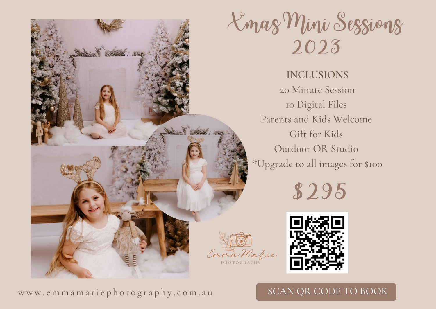 Christmas mini session photography pricing and booking information display with festive decorations.