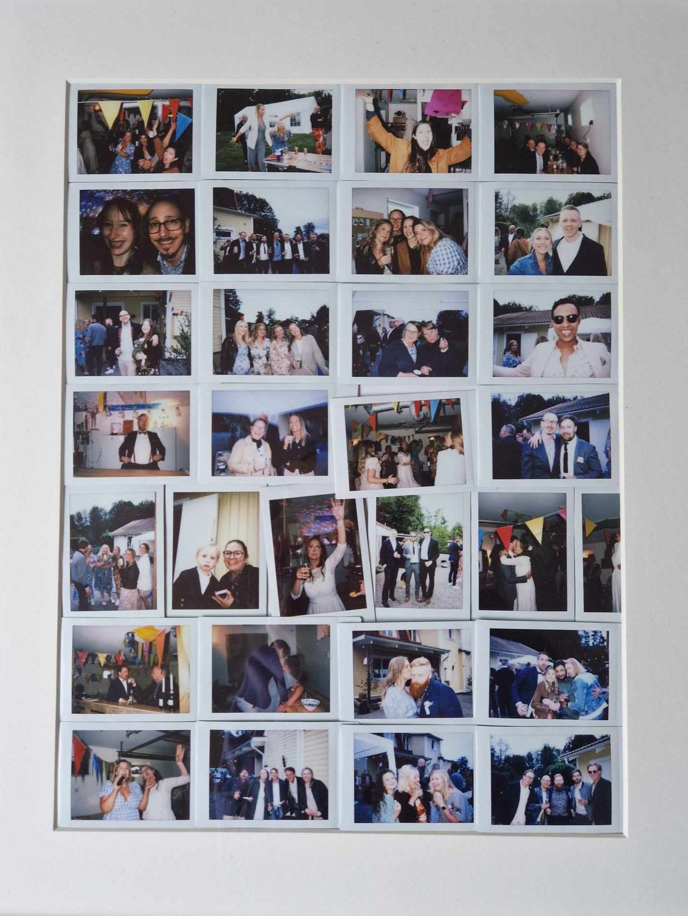 A grid of candid polaroid photos documenting a festive celebration with multiple guests.