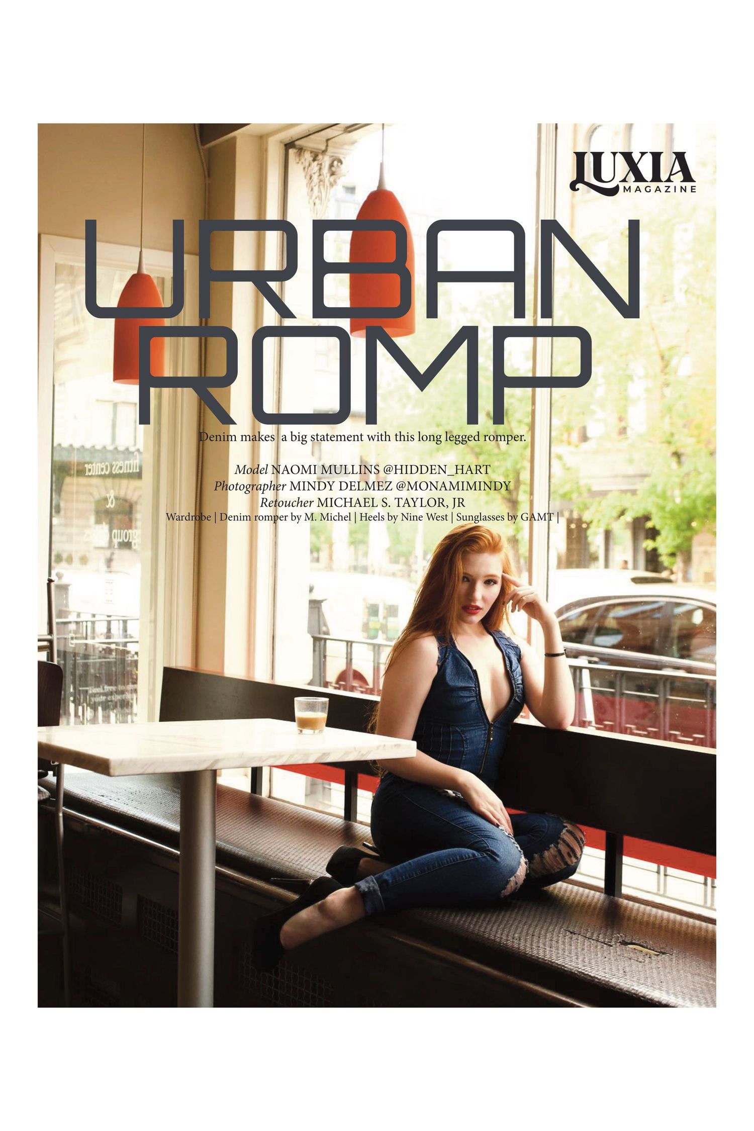 Magazine cover design for Urban Romp featuring modern fashion in an urban cafe setting.