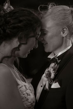 Black and white close up portrait of two brides, LGBT Wedding