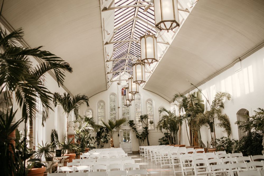 Elegant wedding venue interior with white chairs and tropical palm decorations under vaulted ceiling.