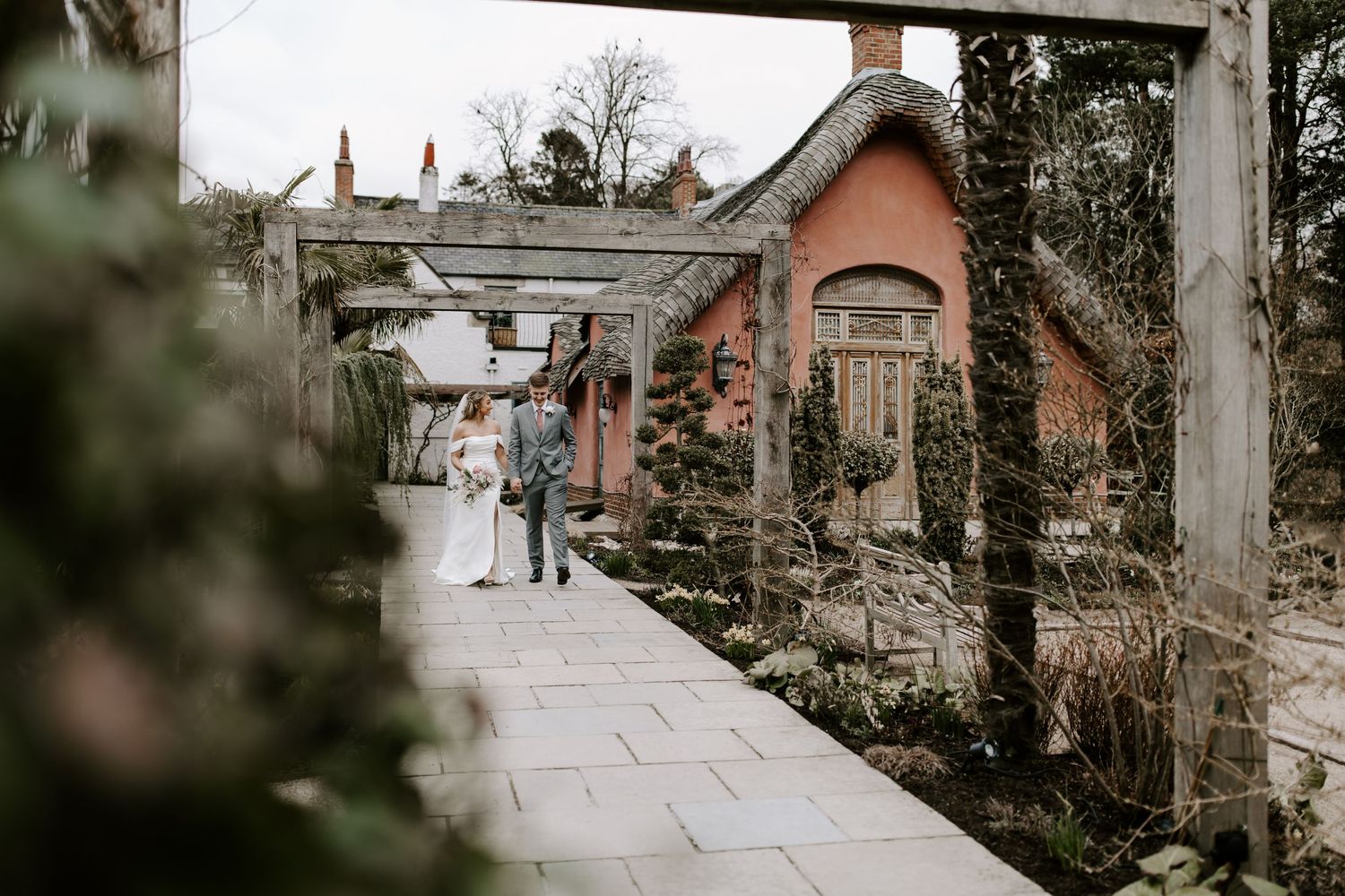 wedding couple going for a walk