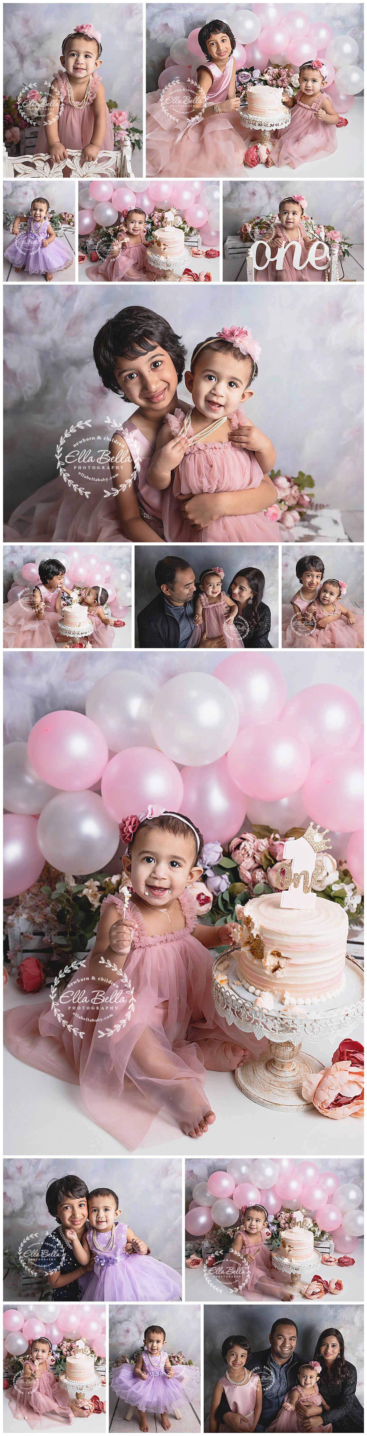 First birthday photo session with pink theme, balloons, and elegant cake.