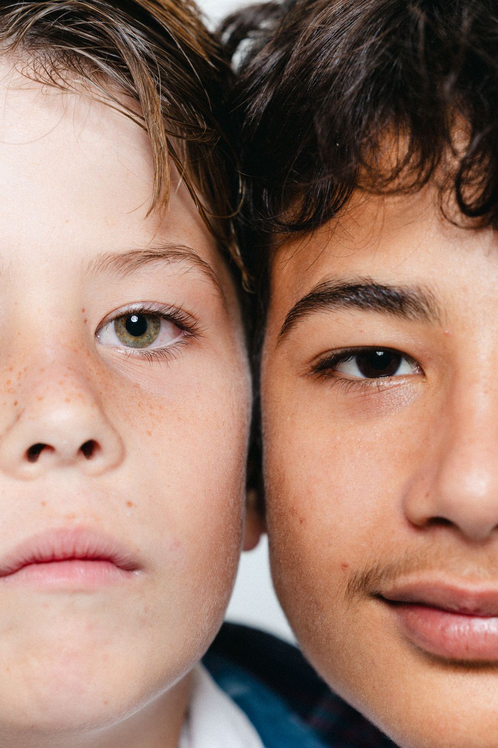 Close-up artistic portrait series showing eyes and facial features against white background.