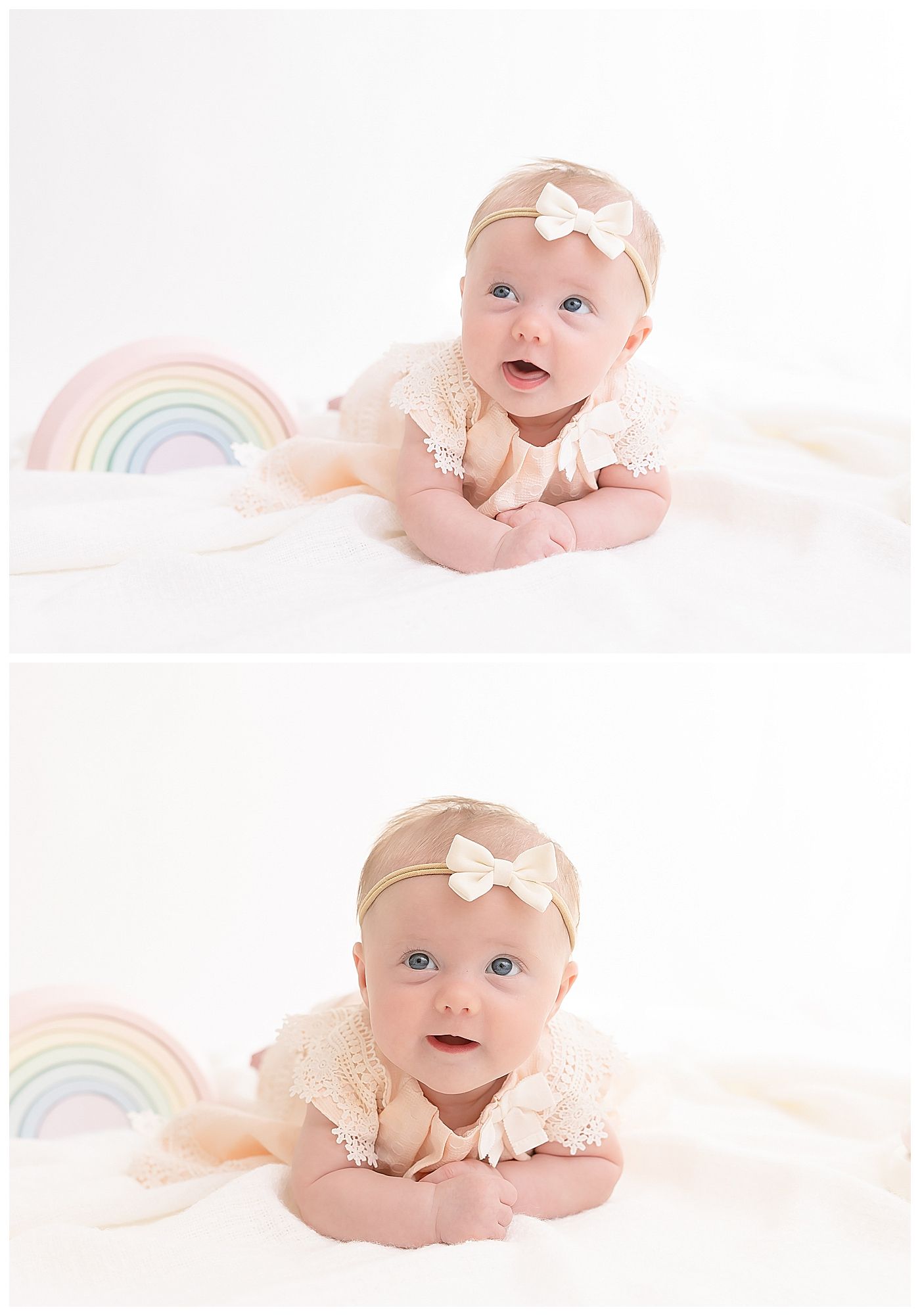 baby smiling with wooden rainbow toy, white background, newborn photographer chattanooga, cake smash photos chattanooga