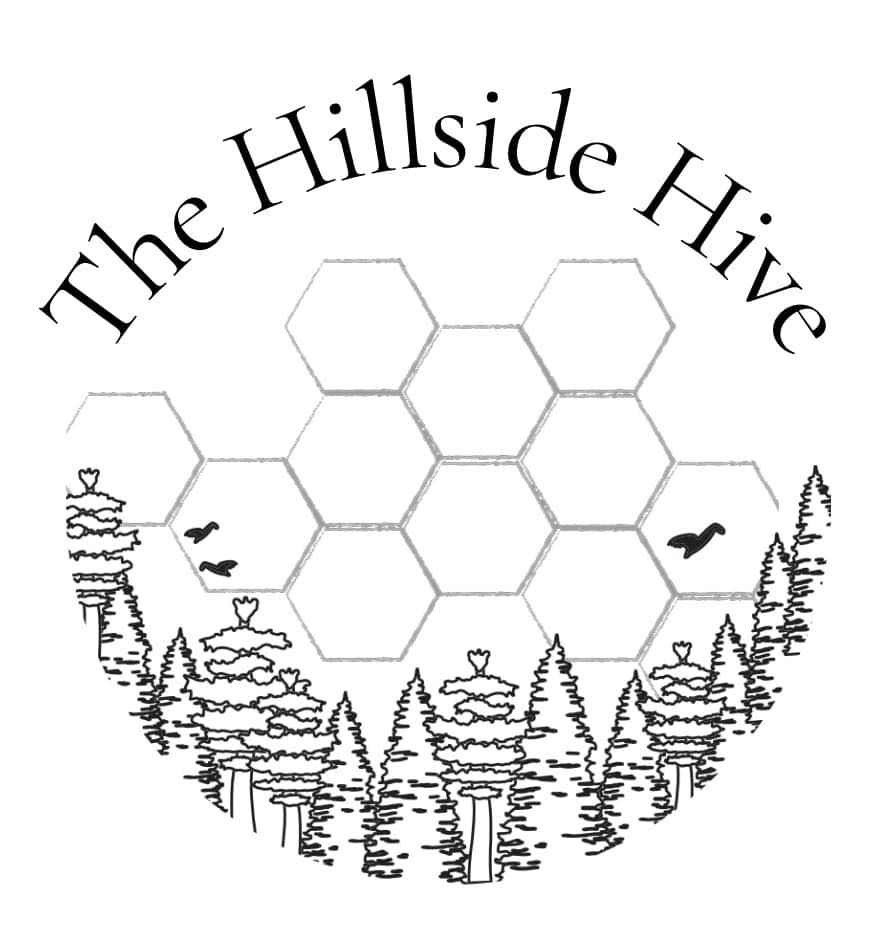 Black and white logo design featuring hexagonal honeycomb shapes and pine trees with text 'The Hillside Hive'.