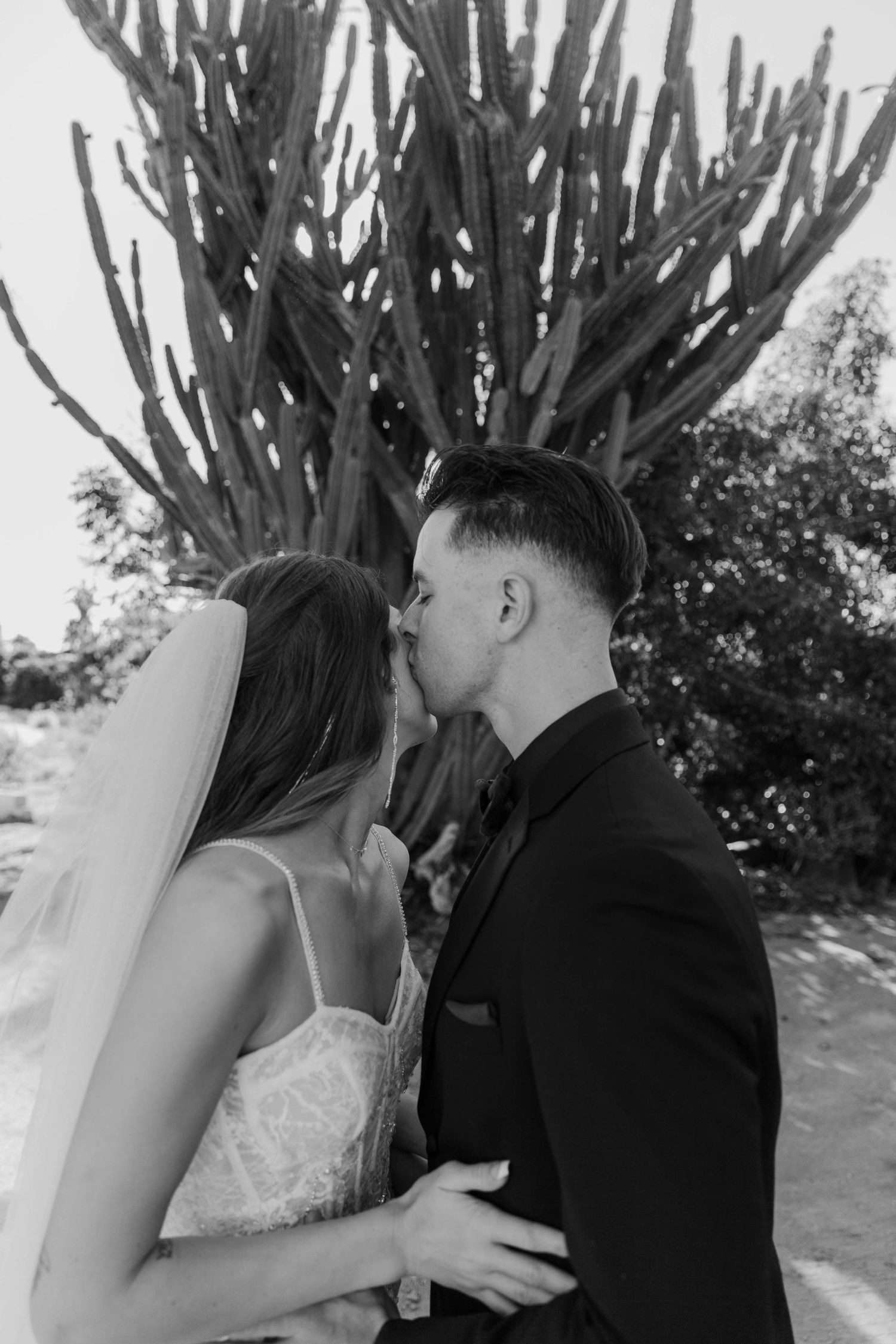 Black and white photo of the groom kissing his bride on her cheek in front of a desert landscape.