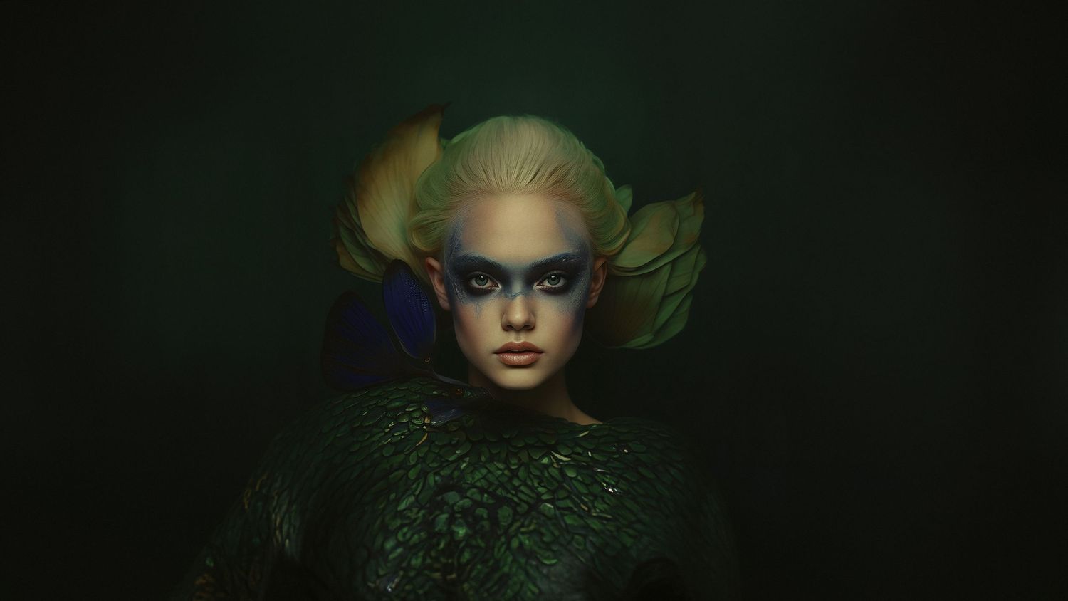 Surreal fashion portrait with pale green tones and avant-garde styling.