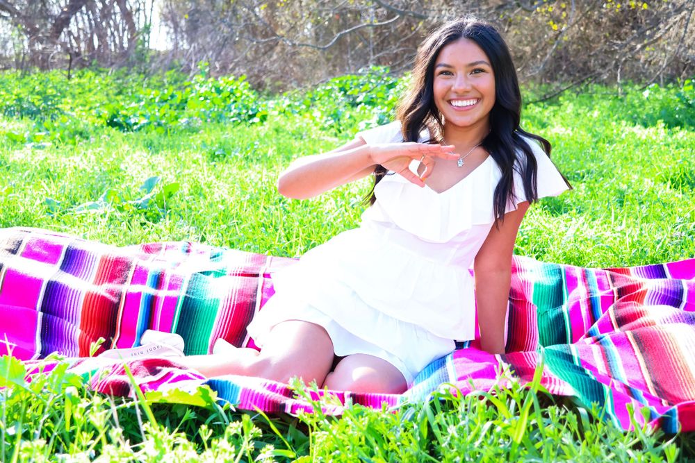 Colorful outdoor photo shoot on picnic blanket in sunny field.