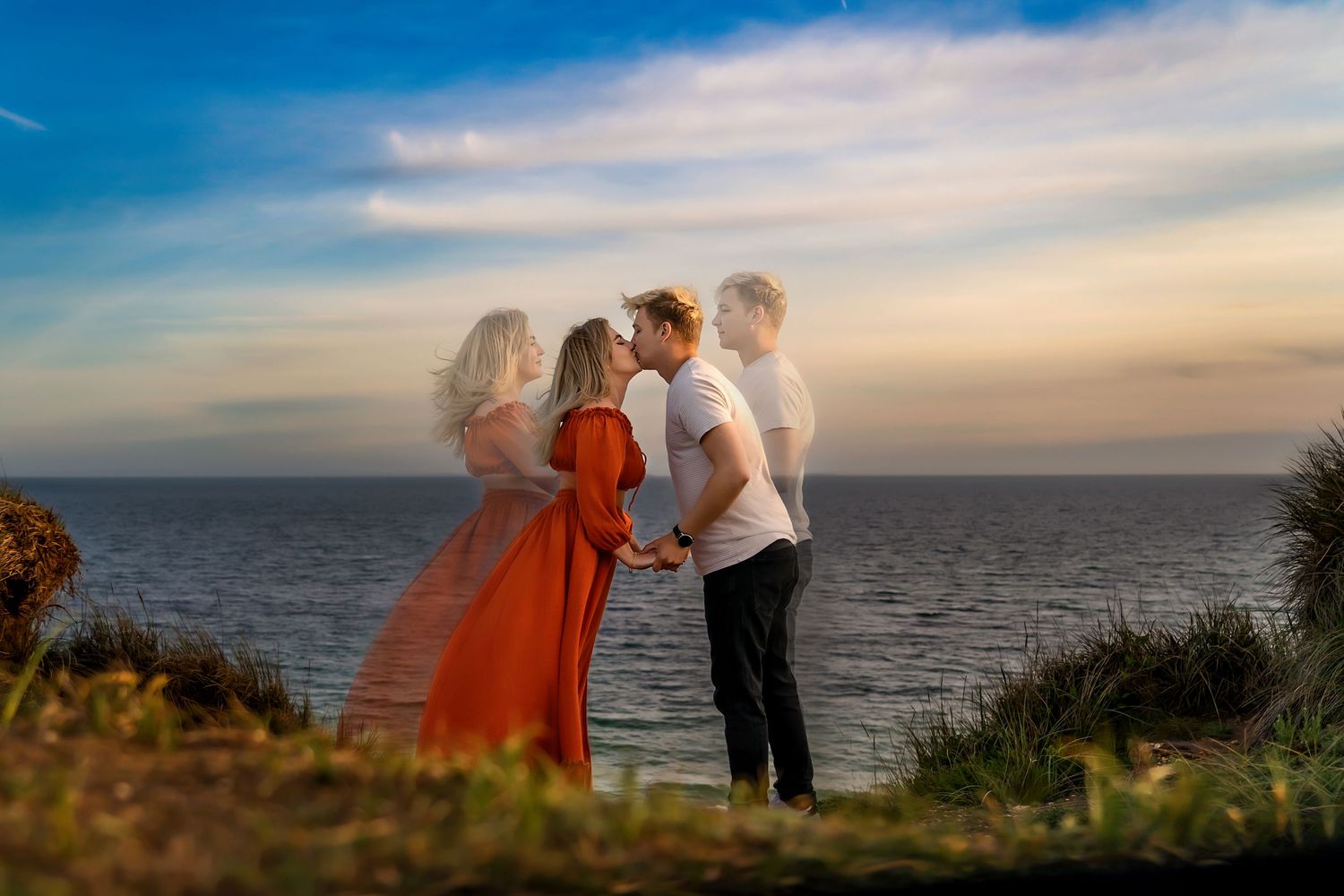 Double exposure of a woman in a gown and a man at a photo session at the beach, Hengistbury Head, Dorset.