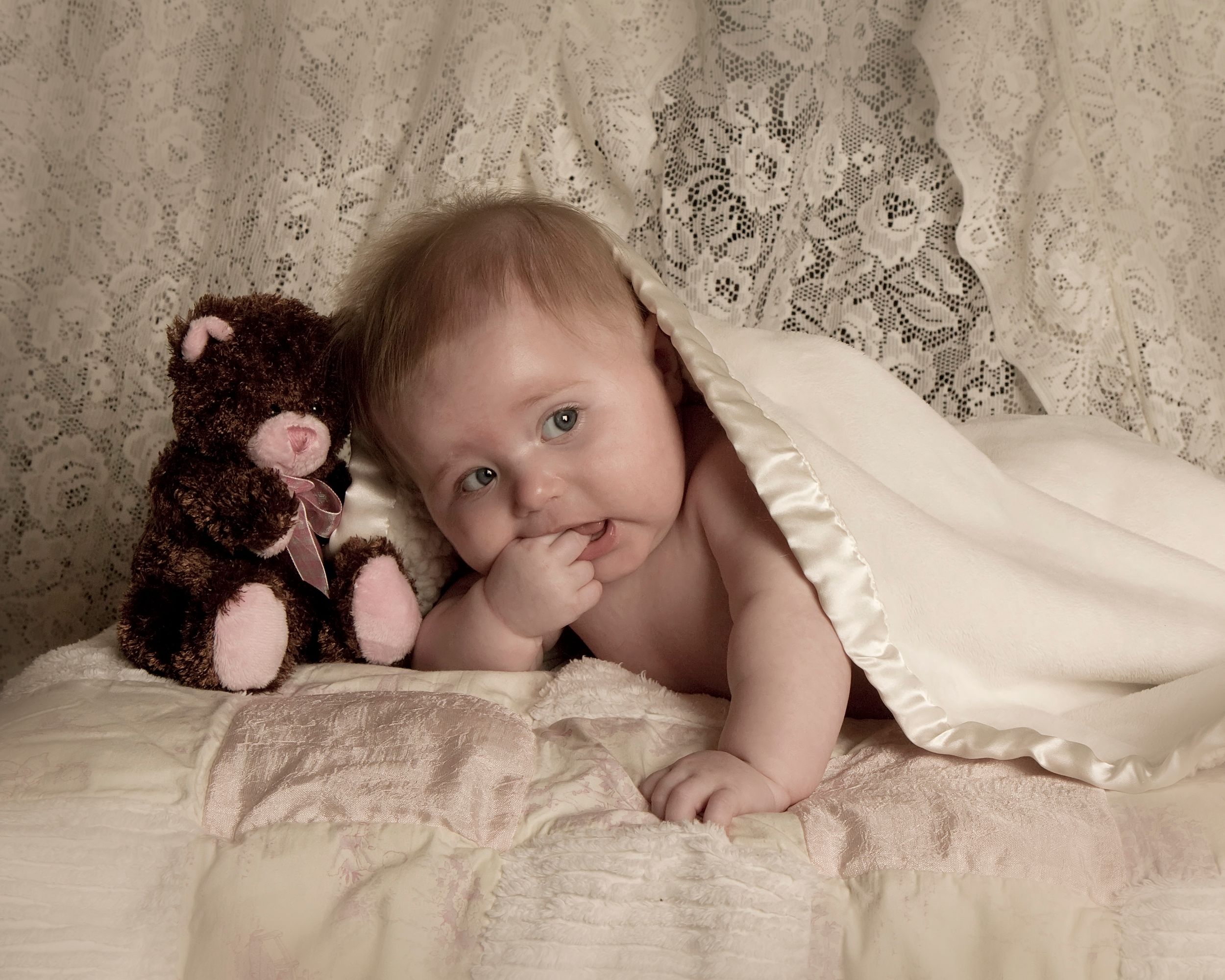 Baby under lace blanket with stuffed teddy bear in sepia tones.