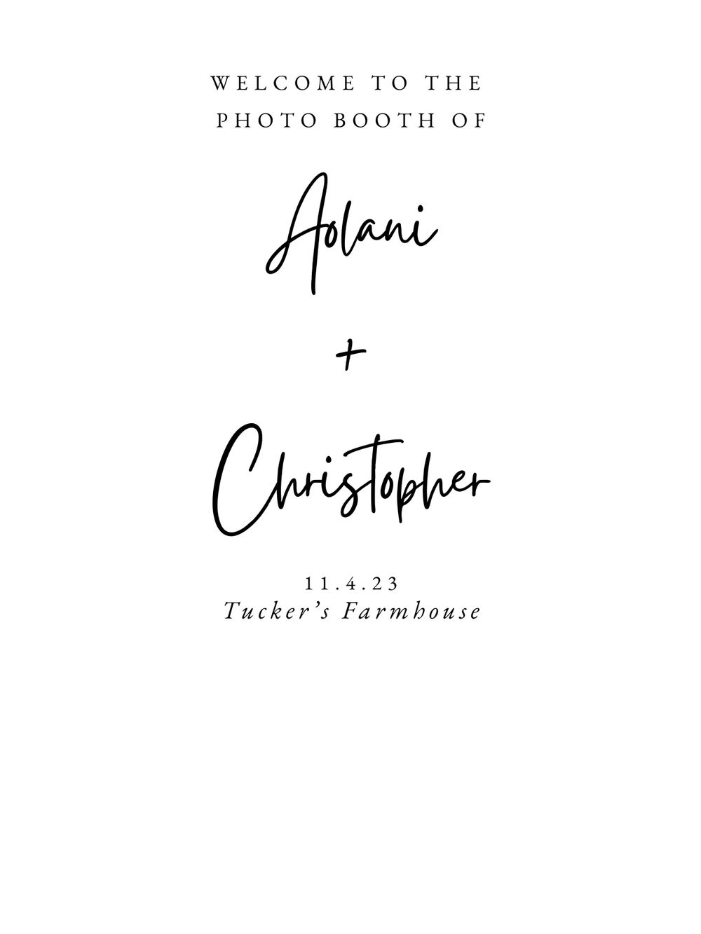 Clean minimalist photo booth welcome sign with script typography for Aalami and Christopher's wedding.