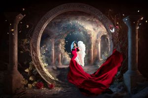 Fantasy-inspired maternity photo in gothic archway with dramatic red fabric.