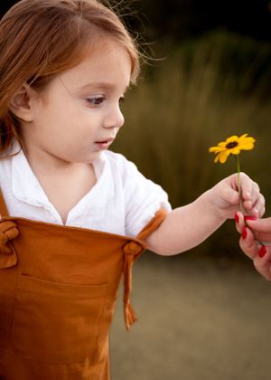 Small child in brown overalls reaching for a yellow daisy flower in a garden setting.