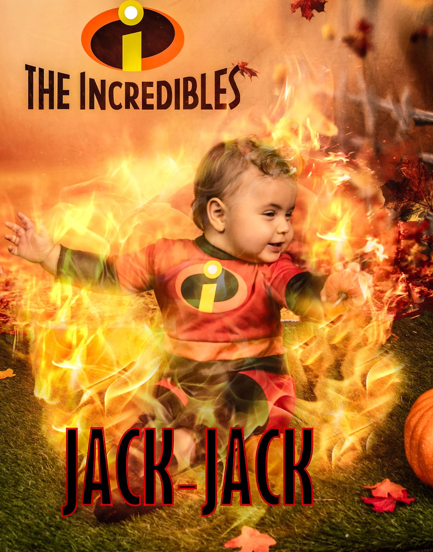 Baby in Incredibles costume surrounded by digital fire effects for themed photo shoot.
