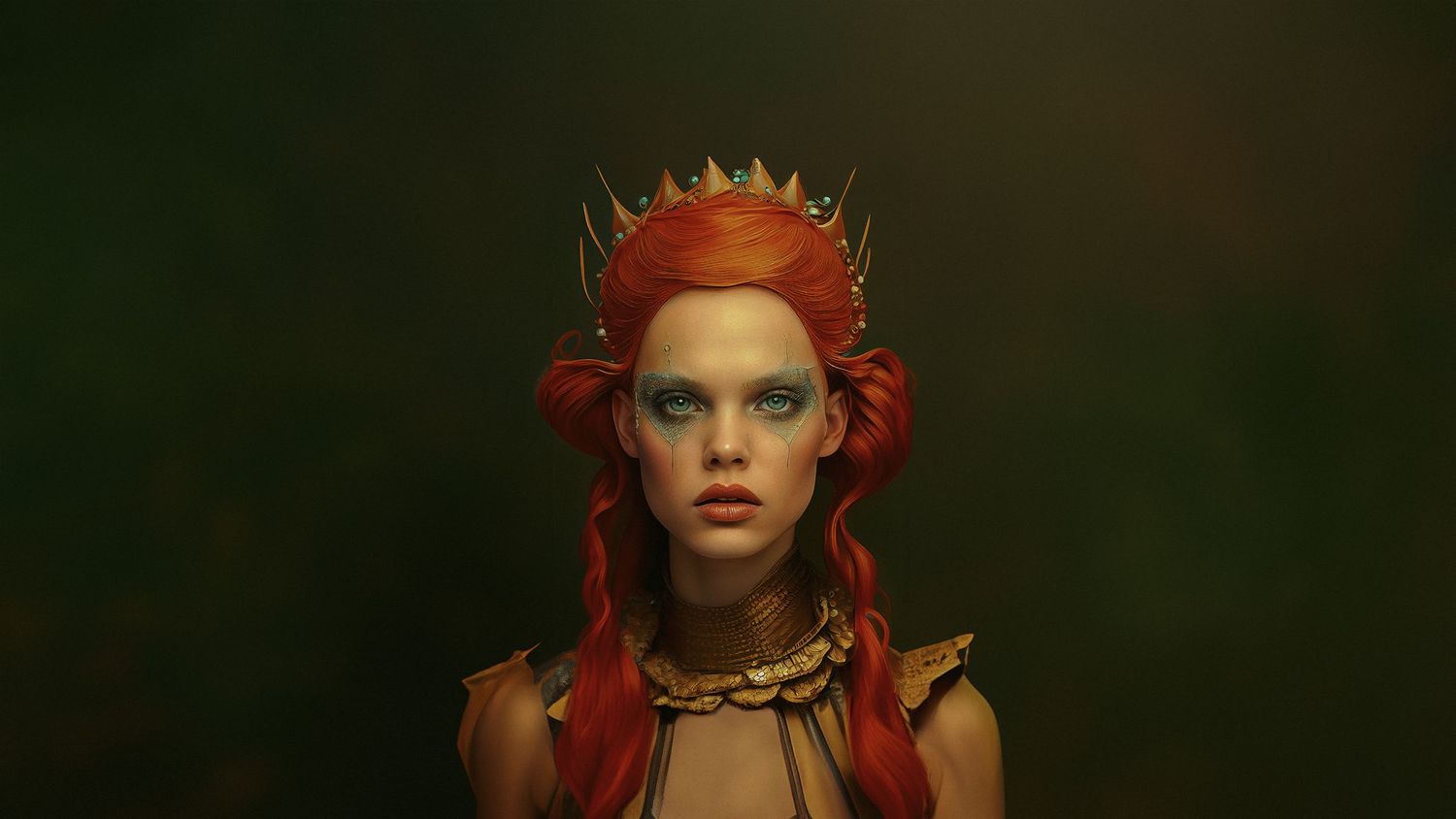 Fantasy-inspired portrait with crown of thorns and dark mysterious background.