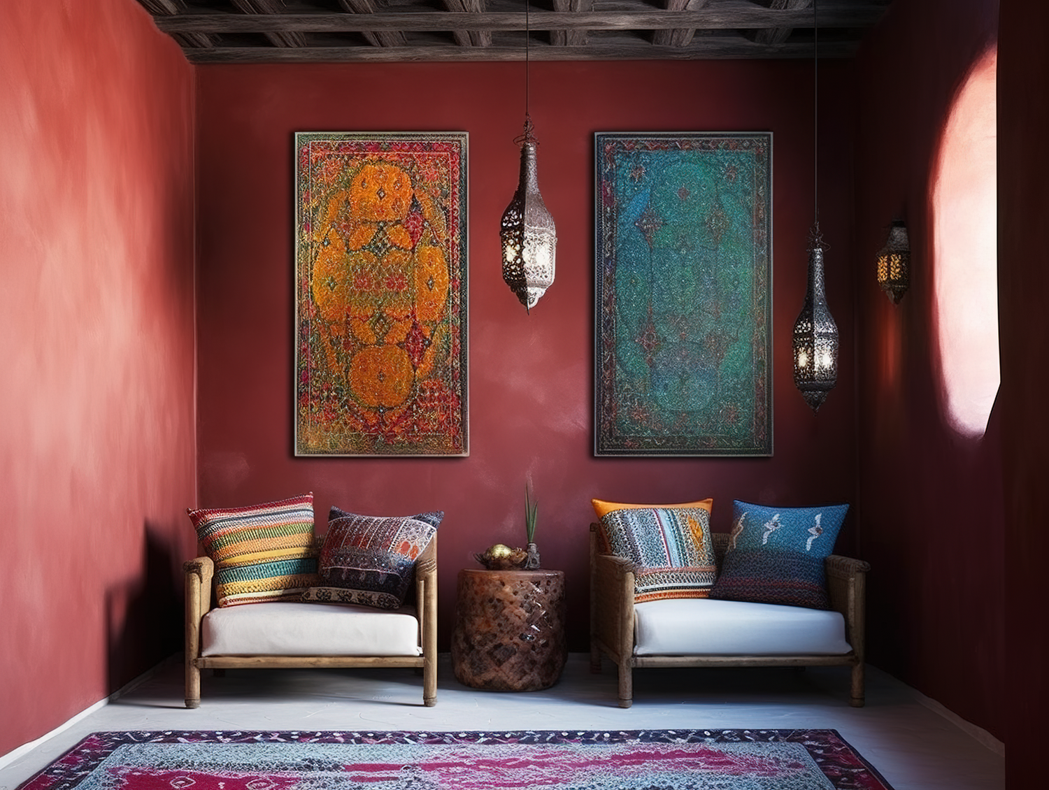 Moroccan-inspired sitting area with ornate tapestries and traditional lanterns on terracotta walls.