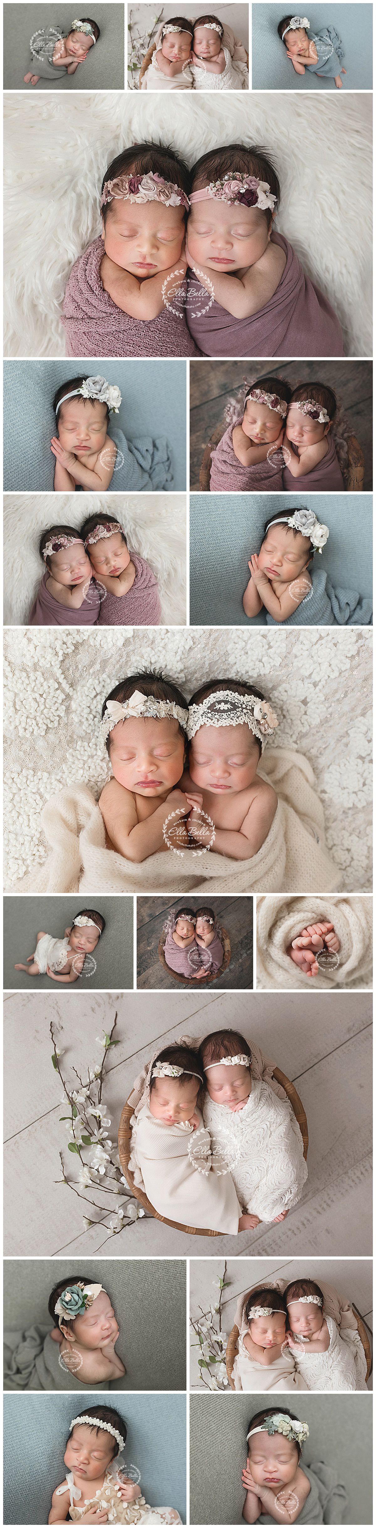 Professional newborn photography collage featuring twins in coordinating outfits and headbands on soft textured backgrounds.
