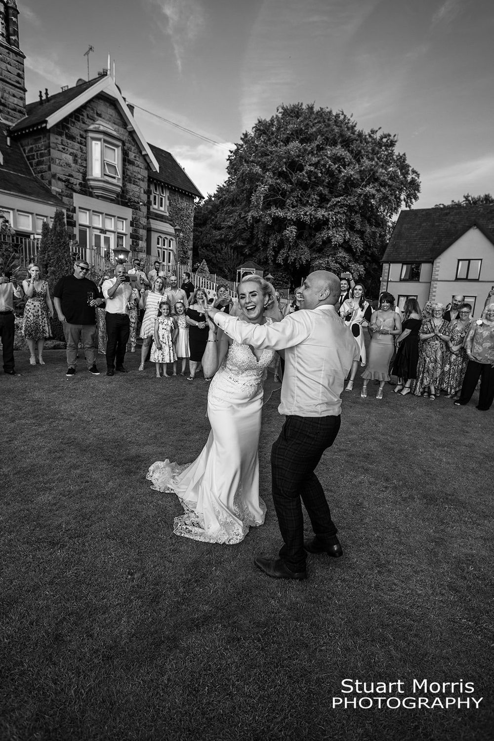 First dance outside in the gardens at west tower. Ormskirk wedding photography.