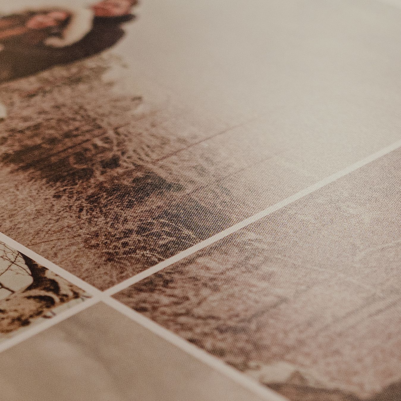 Close-up detail of sepia-toned photographic prints with textured surface.
