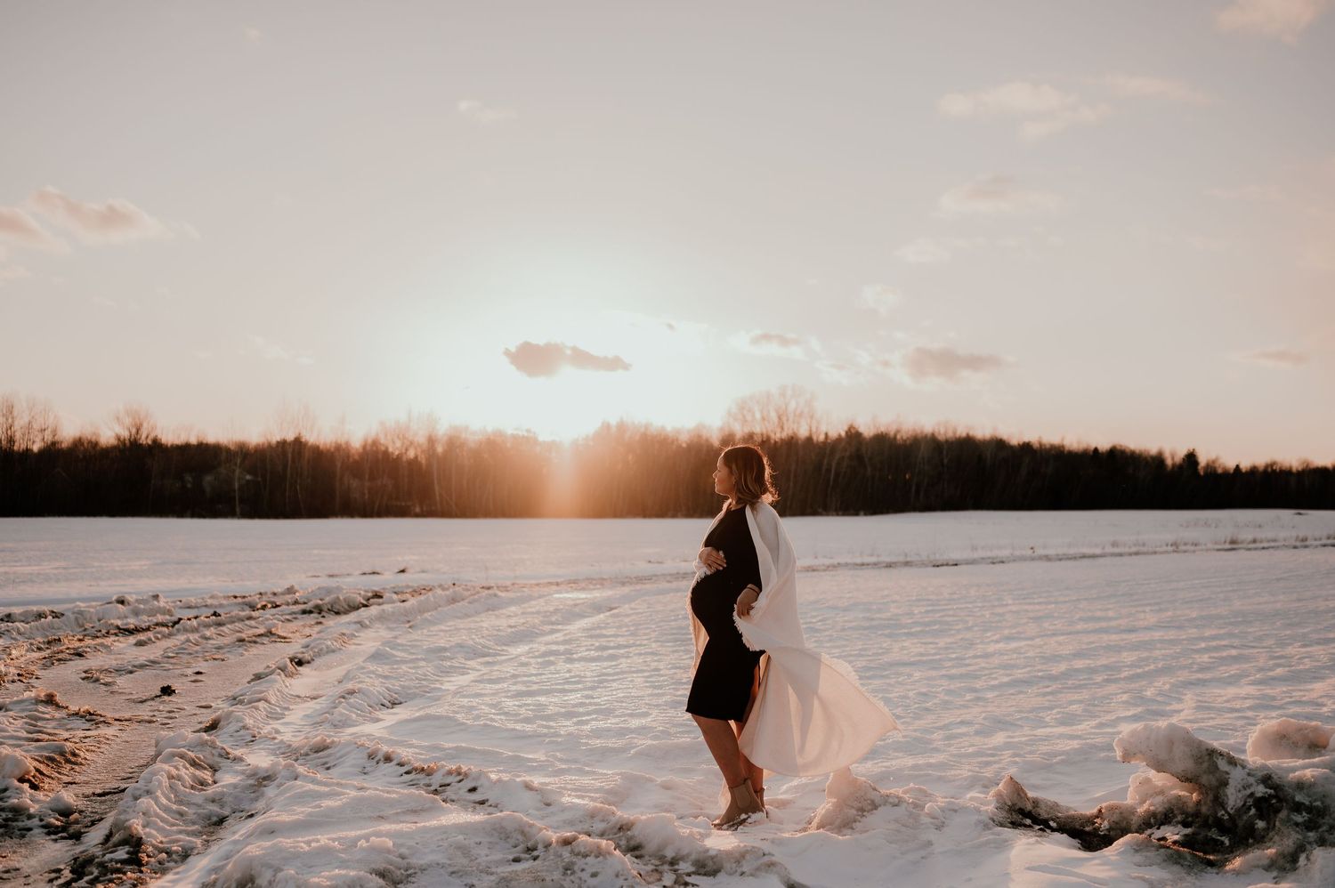 Silhouette of figure in flowing dress stands in snowy landscape at sunset.