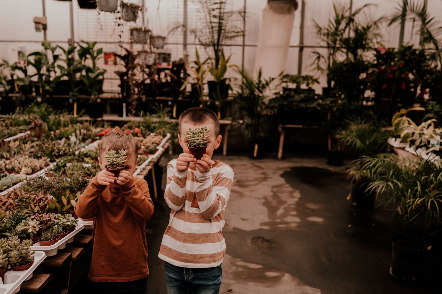 Children play among plants in a greenhouse nursery.