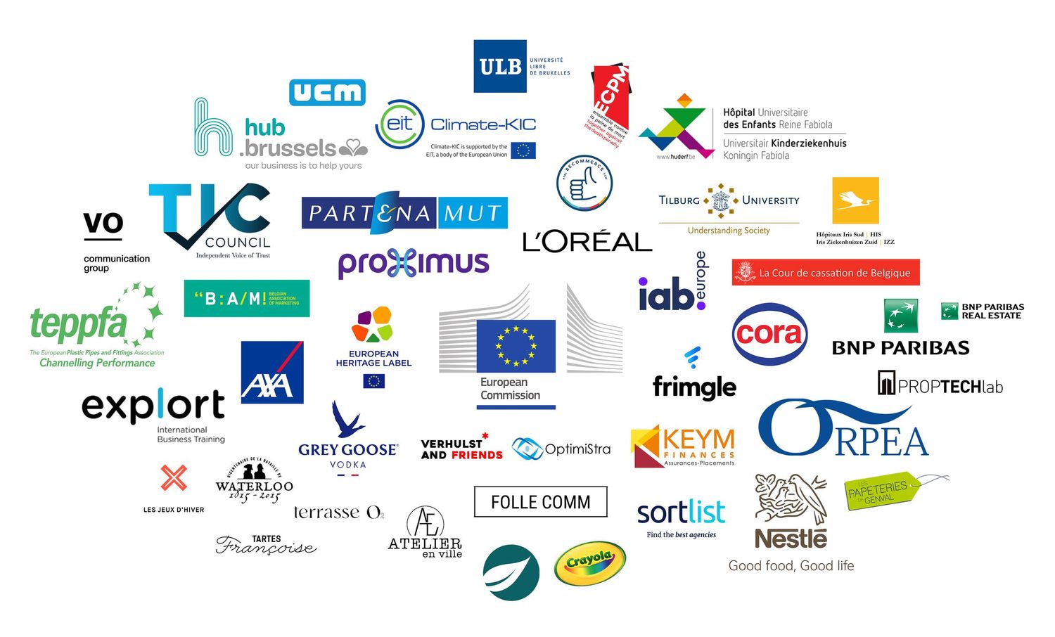Collection of corporate and organization logos arranged in circular layout on white background.