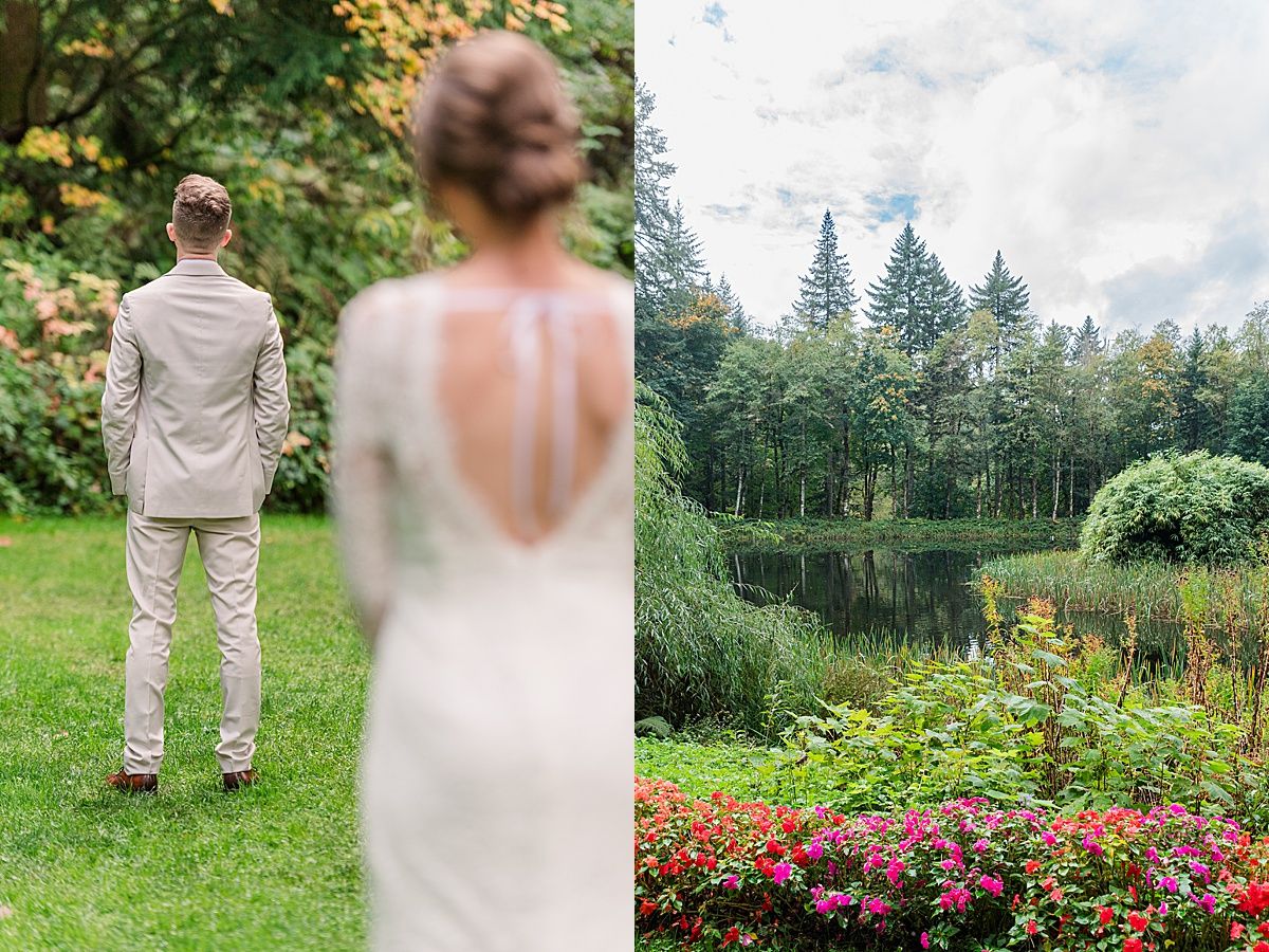 Bride and groom preparing for first look at Bridal Veil Lakes in Oregon
