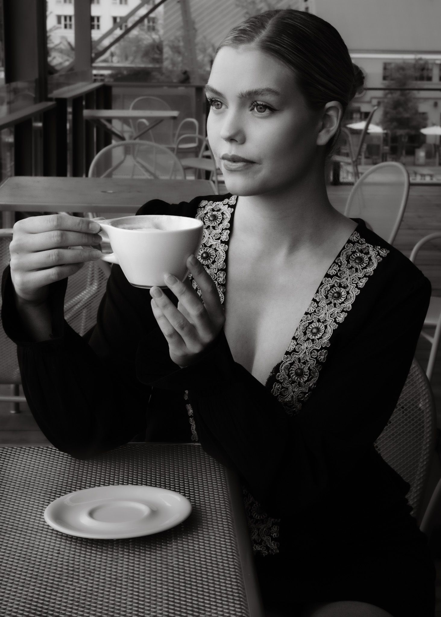 Black and white portrait of woman holding teacup, elegant portrait session, North Vancouver photographer