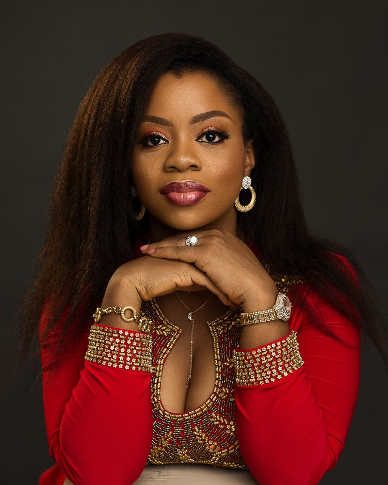 corporate female African head-shot photograph, red dress female portrait