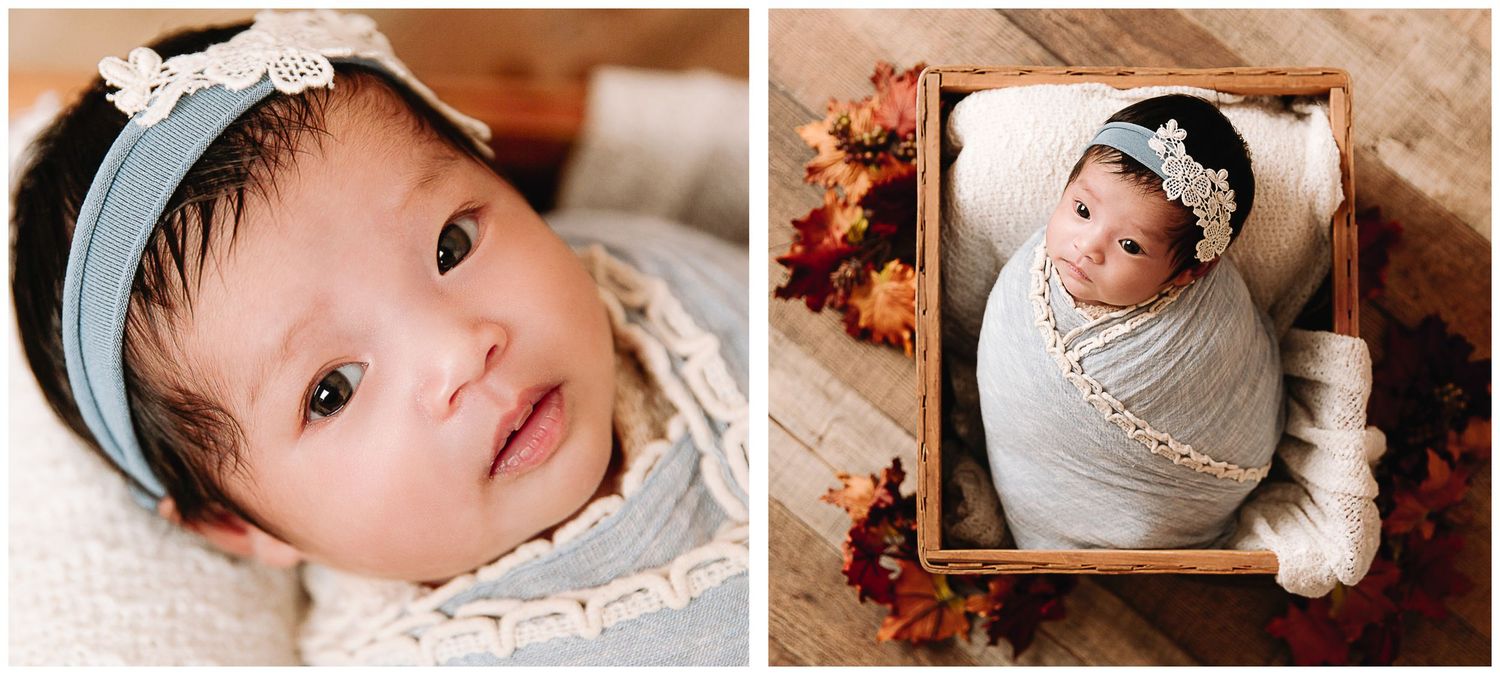 newborn photographer lee's summit, missouri baby girl in blue wrap boho style in basket