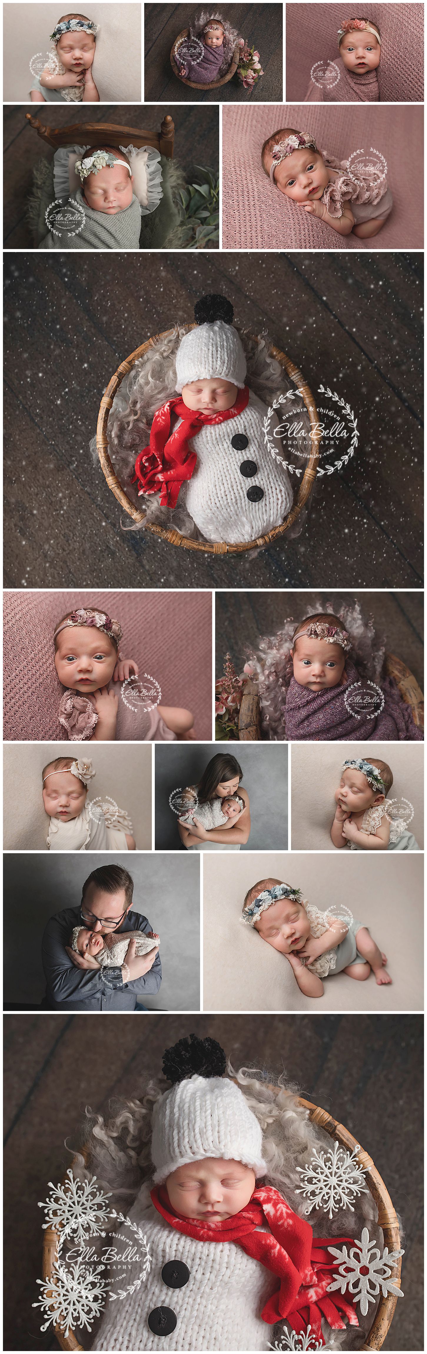 Winter-themed newborn photo collection featuring snowman outfit and delicate headpiece accessories.