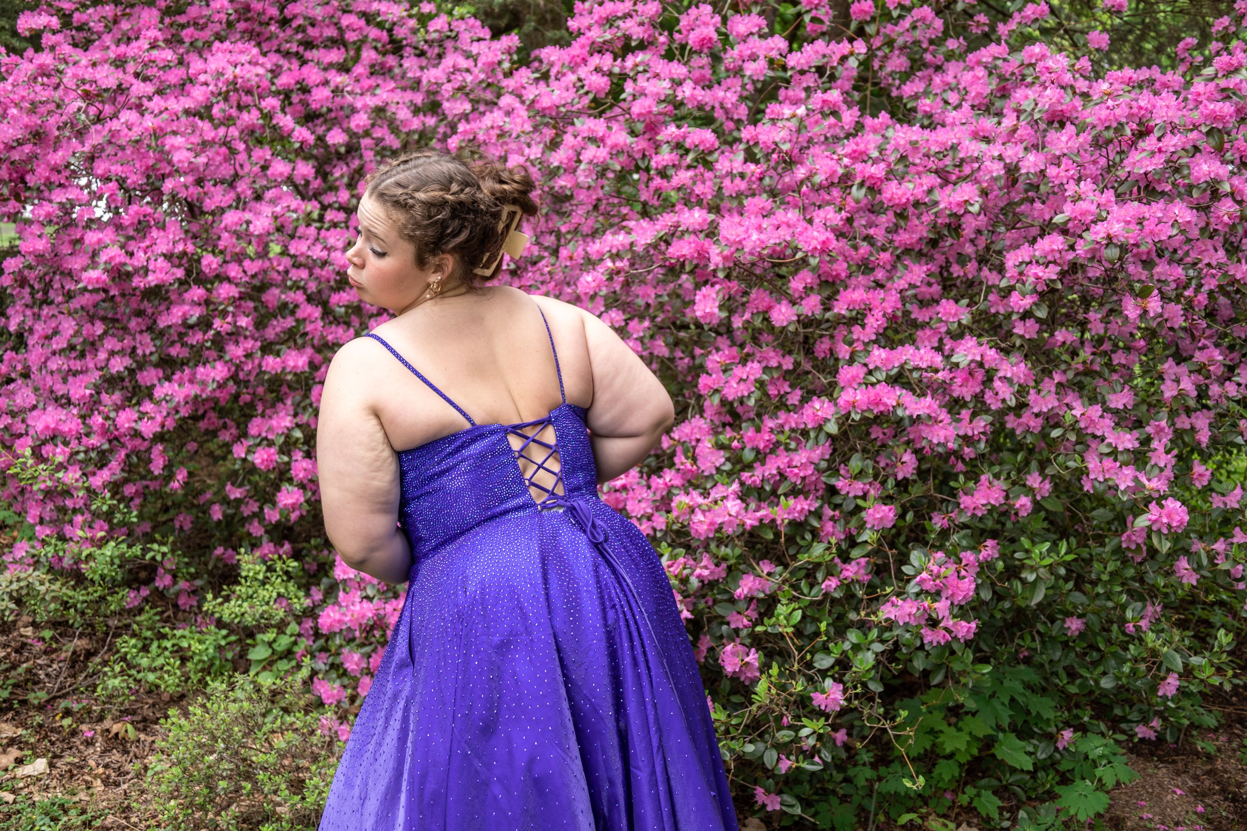 Back view of purple formal dress with lace-up detail against pink flowering bushes.