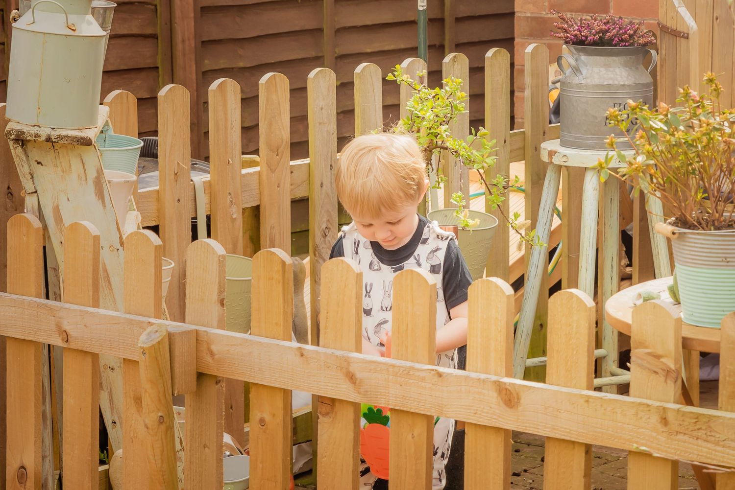 A child peers through wooden fence pickets in a garden setting.