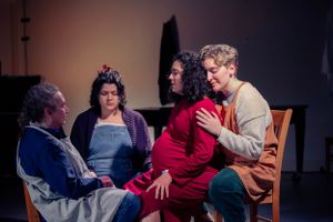 Four performers engage in an emotional scene during a theatrical production of Mary's Wondrous Body in 2022 at Elision Playhouse.
