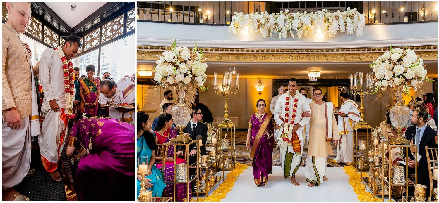Traditional wedding ceremony in an ornately decorated indoor venue with floral arrangements.