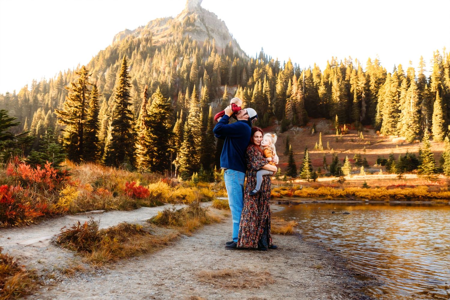 Family session with mountain, trees and pond at Tipsoo Lake