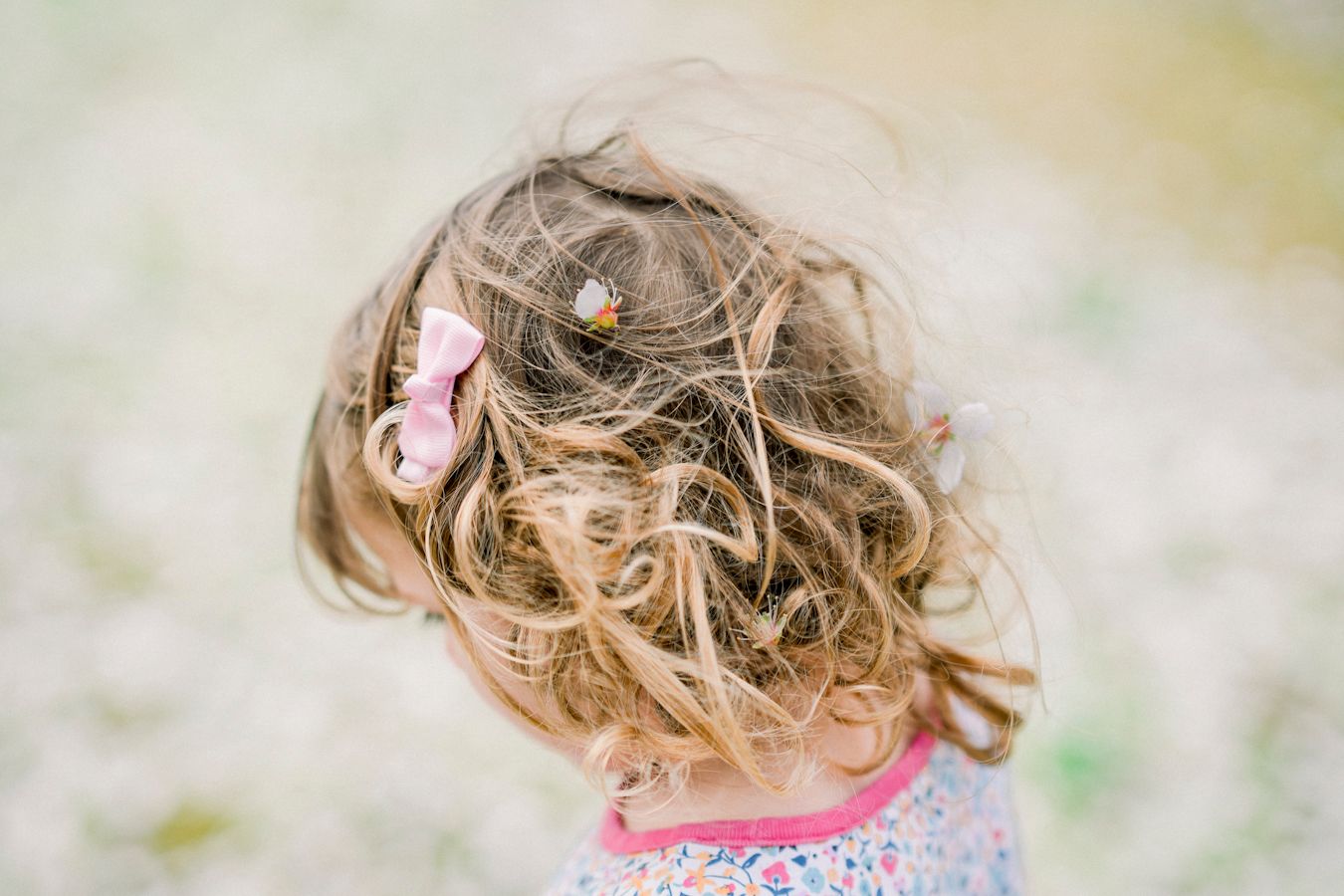 Back view of curly blonde hair with a pink hair clip in soft focus.